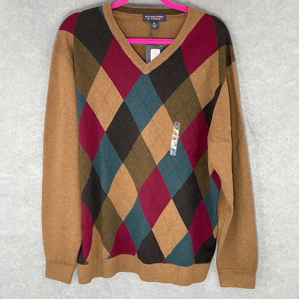Roundtree & Yorke Sweater Argyle V-Neck Cotton Multicolor Men's XL Golf
